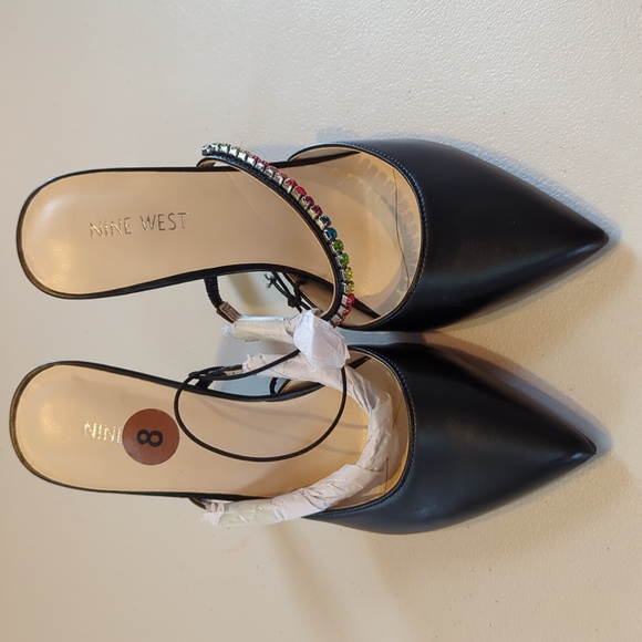 Nine West, black heel slides with rainbow rhinestone strap. 8 - Picture 4 of 10